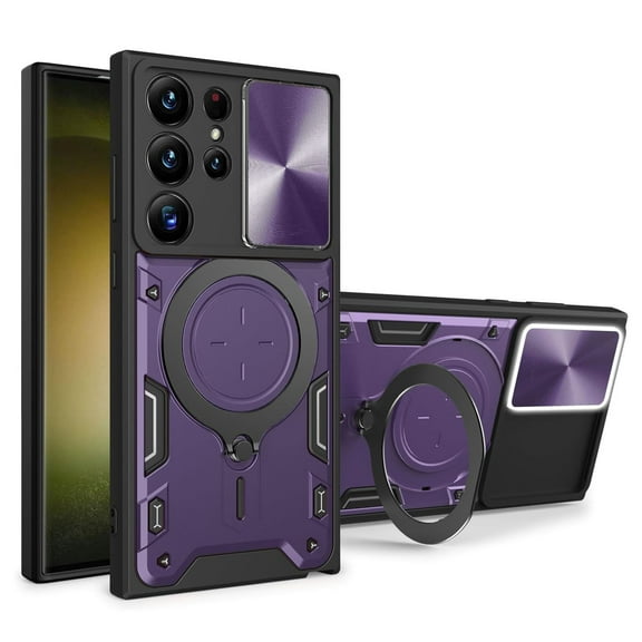 Dteck for Samsung Galaxy S25 Ultra with Magnetic Ring Kickstand, Shockproof Rugged Heavy Duty Armor with Slide Lens Protection Cover Case for Car Mount Holder, Purple