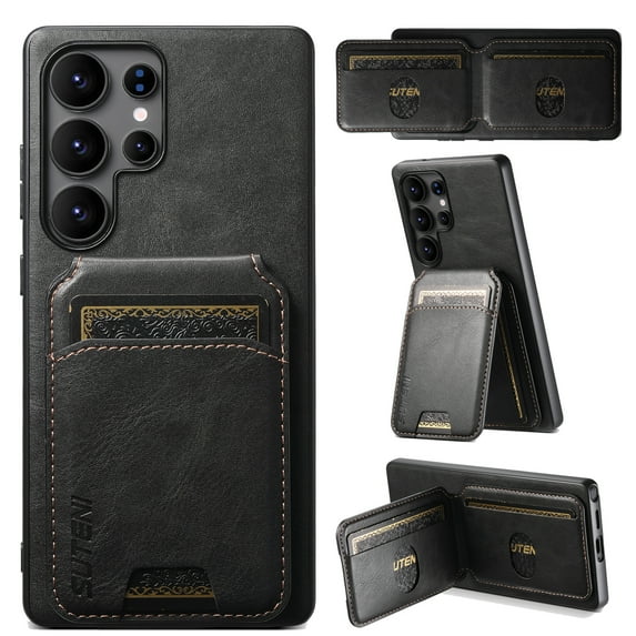 Dteck for Samsung Galaxy S25 Ultra Wallet Case, Magnetic 2 in 1 Detachable Card Holder Case with MagSafe, Vintage Leather RFID Blocking Flip Kickstand Case for Men Women, Black
