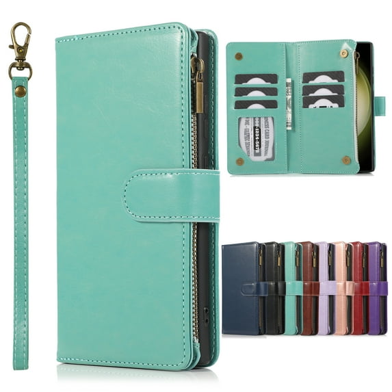 Dteck for Samsung Galaxy S25 Ultra Wallet Case, PU Leather Phone Case Women Men Kickstand Flip Cover Wrist Strap Zipper Pocket 9-Credit Card Slots,Green