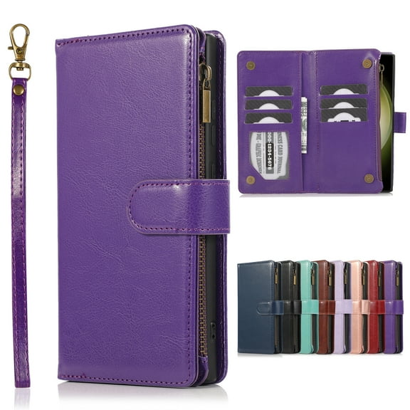 Dteck for Samsung Galaxy S25+ Wallet Case, PU Leather Phone Case Women Men Kickstand Flip Cover Wrist Strap Zipper Pocket 9-Credit Card Slots for Galaxy S25 Plus 6.7",Purple