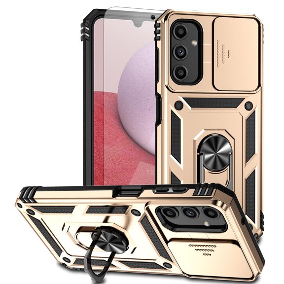 Dteck for Samsung Galaxy S26 Case with Camera Cover HD Screen Protector, Impact Resistant Magnetic Ring Holder Kickstand Rugged Protective Phone Cover,Gold