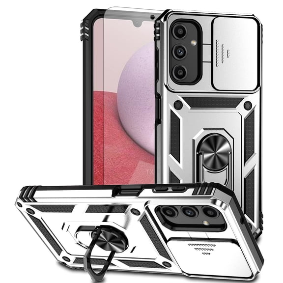 Dteck for Samsung Galaxy S26 Case with Camera Cover HD Screen Protector, Impact Resistant Magnetic Ring Holder Kickstand Rugged Protective Phone Cover,Silver