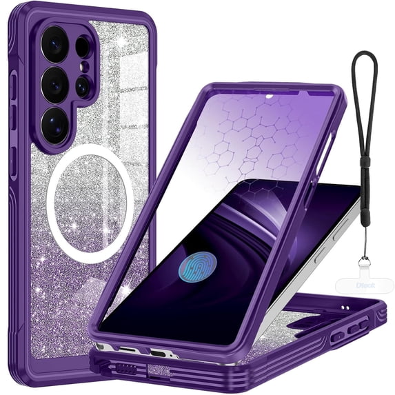 Dteck Magnetic Shockproof Glitter Clear Phone Case with Built-in Screen Protector For Samsung Galaxy S26 Ultra, Purple