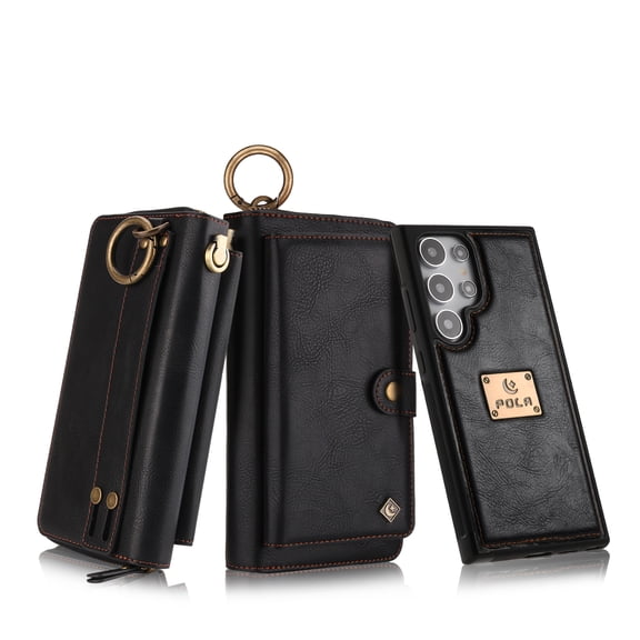 Dteck for Samsung Galaxy S26 Ultra Case Wallet with Card Holder, Detachable Phone Cover PU Leather Zipper Handbag Purse with Wrist Strap/Metal Buckle,Black