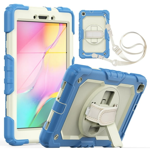 Dteck Samsung Galaxy Tab A 8.0 2019 Case with Built-in Screen Protector, Hybrid Rugged Full Body Shockproof Case 360 Degree Rotating Stand Cover +Adjustable Hand Strap/Shoulder Strap,Blue