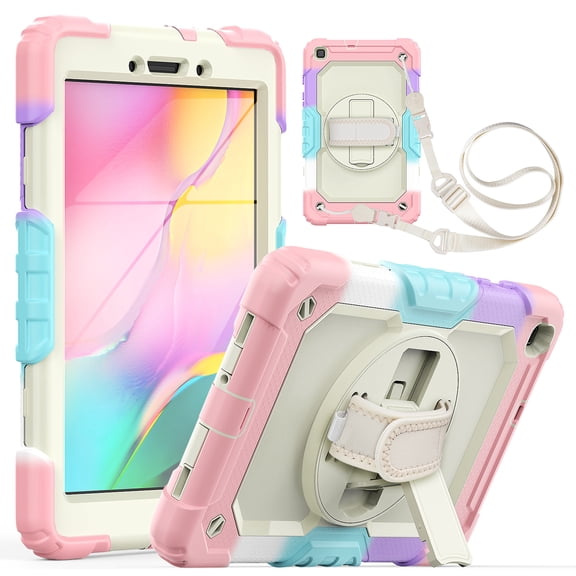 Dteck Samsung Galaxy Tab A 8.0 2019 Case with Built-in Screen Protector, Hybrid Rugged Full Body Shockproof Case 360 Degree Rotating Stand Cover +Adjustable Hand Strap/Shoulder Strap,Camouflage Pink