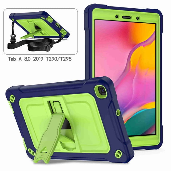 Dteck For Samsung Galaxy Tab A 8.0 T290/T295 SM-T290 SM-T295 Shockproof Heavy Duty Impact Drop Protection Shoulder Strap Built in Kickstand Case Cover, Navyblue+Olivine