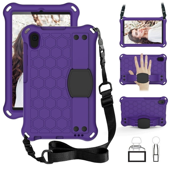 Dteck Samsung Galaxy Tab A 8.4 inch 2020 Model SM-T307, One-Piece Heavy Duty Shockproof Kickstand Case with Removable Shoulder Strap/Flexible Handle Strap, Purple/Black