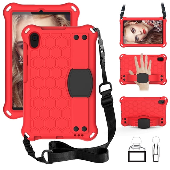 Dteck Samsung Galaxy Tab A 8.4 inch 2020 Model SM-T307, One-Piece Heavy Duty Shockproof Kickstand Case with Removable Shoulder Strap/Flexible Handle Strap, Red/Black