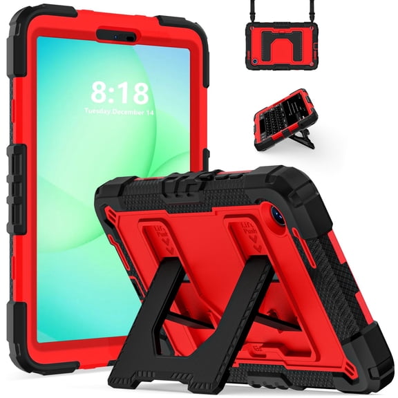 Dteck For Samsung Galaxy Tab A11 8.7-inch 2025 (SM-X133/X135) Tablet Case, Heavy Duty Shockproof with Oversized Kickstand Shoulder Strap Rugged Case for Kids and Adults, Black+Red