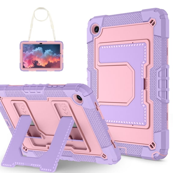 Dteck For Samsung Galaxy Tab A11 Plus 11" (2025) Tablet Case, Heavy Duty Shockproof Protective Cover with Oversized Kickstand & Shoulder Strap, Rugged Case for Kids and Adults, Purple+Rosegold