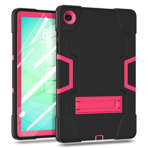 Dteck for Samsung Galaxy Tab A11 Plus / A11+ Case with Screen Protector Soft TPU Film, Rugged Full Body Protective Cover with Kickstand for Galaxy Tab A11+ 11 inch Tablet (SM-X230/X236B),Black+Rose