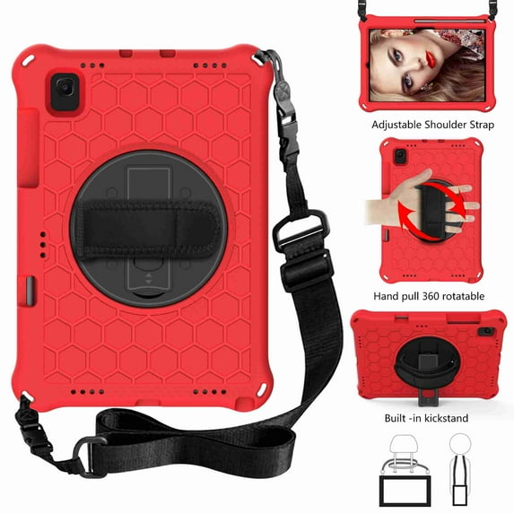 Dteck For Samsung Galaxy Tab A7 10.4" Case SM-T500 T505 (2020) Heavy Duty Shockproof With Pencil Holder Rotating Kickstand Hand/Shoulder Strap Cover, Red+Black