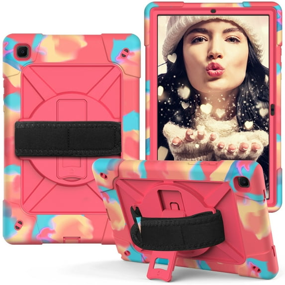 Dteck for Samsung Galaxy Tab A7 10.4" T500 T505 (2020 Released),Shockproof Three-Layer Multi-functional Case Heavy Duty Protector Rubber Hard Back Kickstand Hand Strap Cover,Colour+Rose