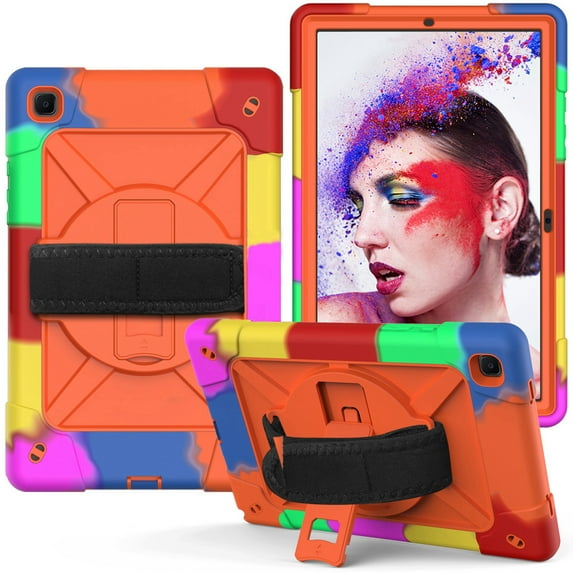 Dteck for Samsung Galaxy Tab A7 10.4" T500 T505 (2020 Released),Shockproof Three-Layer Multi-functional Case Heavy Duty Protector Rubber Hard Back Kickstand Hand Strap Cover,Colour+Orange
