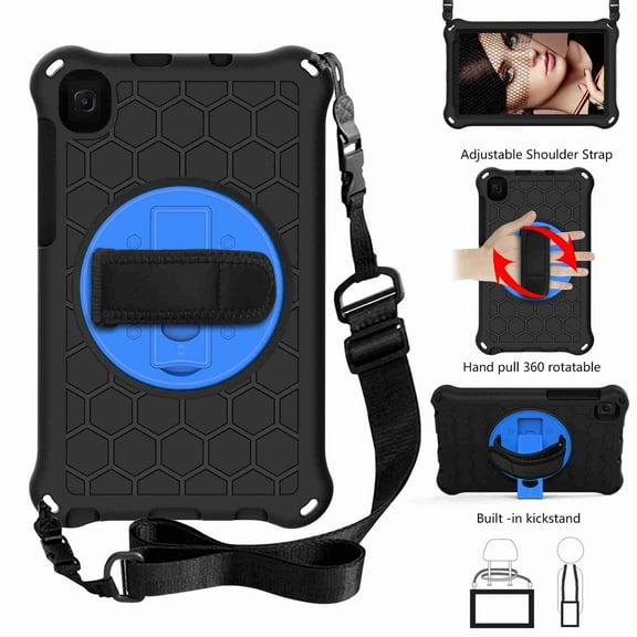 Dteck Samsung Galaxy Tab A7 Lite 2021 Case Shockproof Drop Protection Cover with 360 Rotating Stand and Shoulder Strap Compatible with Samsung Tab A7 Lite 8.7 inch 2021 (SM-T220/T225), Black+Blue