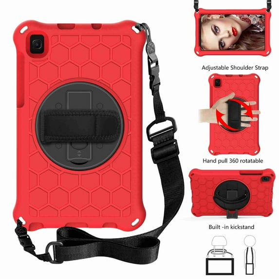 Dteck Samsung Galaxy Tab A7 Lite 2021 Case Shockproof Drop Protection Cover with 360 Rotating Stand and Shoulder Strap Compatible with Samsung Tab A7 Lite 8.7 inch 2021 (SM-T220/T225), Red+Black