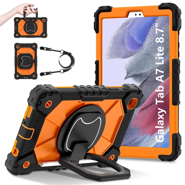 Dteck Samsung Galaxy Tab A7 Lite 8.7 Inch 2021 (SM-T220/T225)-Heavy Duty Protection Shockproof Case,360°Rotating Hand Stand with Pencil Holder Adjustable Shoulder Strap for Galaxy tab A8 Case,Orange