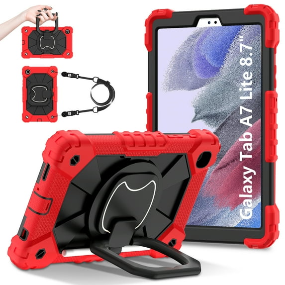 Dteck Samsung Galaxy Tab A7 Lite 8.7 Inch 2021 (SM-T220/T225)-Heavy Duty Protection Shockproof Case,360°Rotating Hand Stand with Pencil Holder Adjustable Shoulder Strap for Galaxy tab A8 Case,Red
