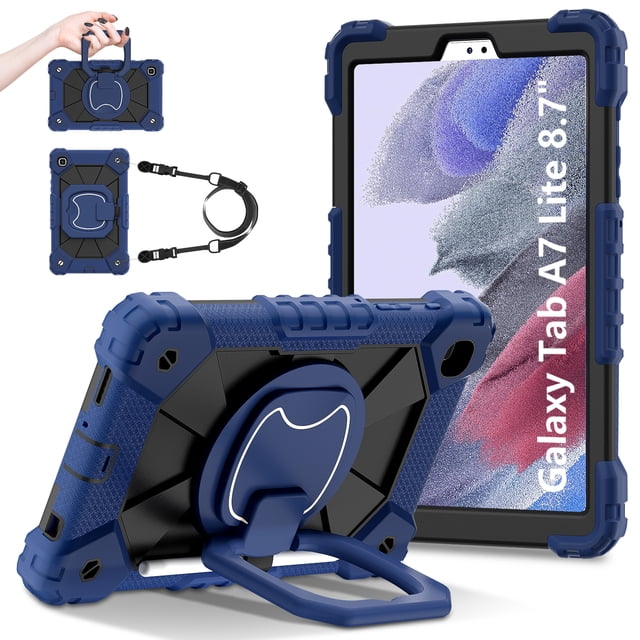 Dteck Samsung Galaxy Tab A7 Lite 8.7 Inch 2021 (SM-T220/T225)-Heavy Duty Protection Shockproof Case,360°Rotating Hand Stand with Pencil Holder Adjustable Shoulder Strap for Galaxy tab A8 Case,Navyblue