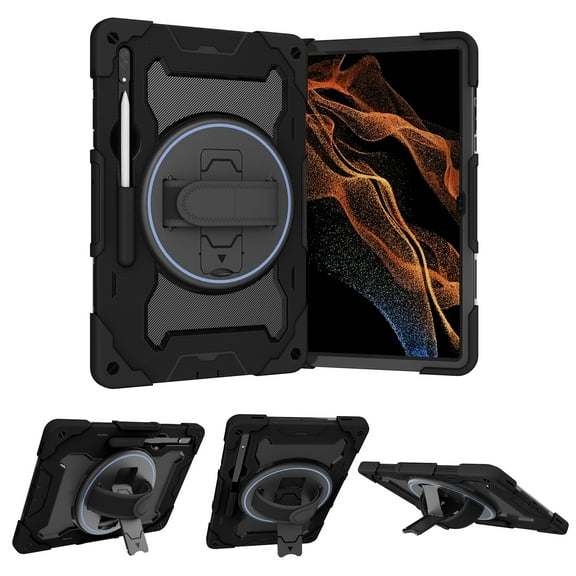 Dteck Samsung Galaxy Tab A8 10.5" inch Case 2021, Heavy Duty Rugged Shockproof Protective Case with Hand Strap+Rotating Kickstand for Tab A8 SM-X200/X205/X207,Black