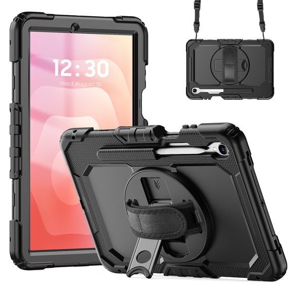 Dteck for Samsung Galaxy Tab S11 Case with Built-in Screen Protector, Full Body Drop Protection Heavy Duty Shockproof Case with Rotate Hand Strap Stand Shoulder Strap,Black