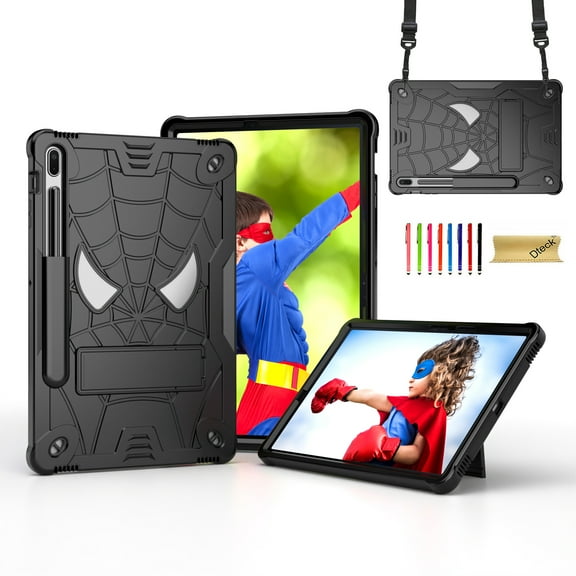 Dteck for Samsung Galaxy Tab S8 / S7 11 Inch Tablet Case with Pencil Holder, Heavy Duty Hybrid Shockproof Rugged Kids Case with Kickstand Crossbody Shoulder Strap,Black
