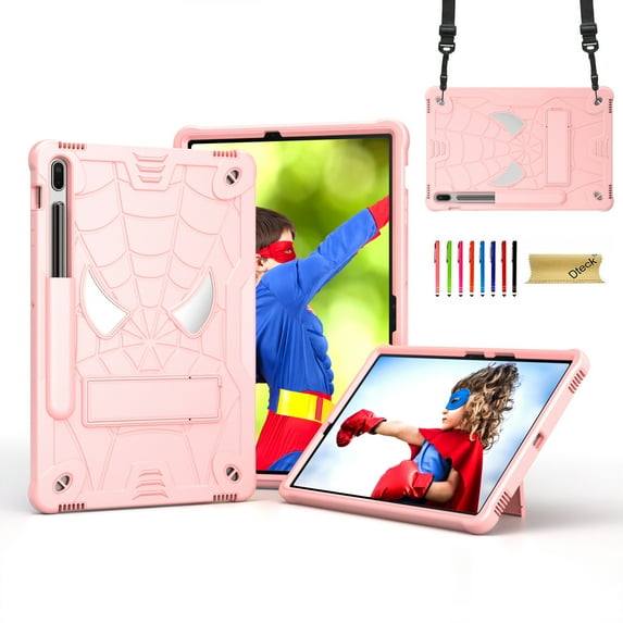Dteck for Samsung Galaxy Tab S8 / S7 11 Inch Tablet Case with Pencil Holder, Heavy Duty Hybrid Shockproof Rugged Kids Case with Kickstand Crossbody Shoulder Strap,Rosegold