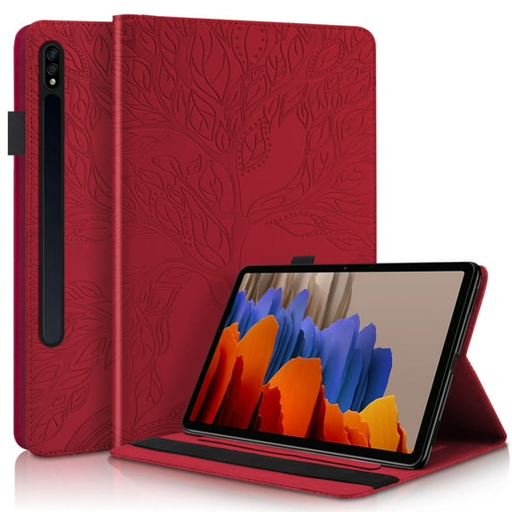 Dteck Samsung Galaxy Tab S8/S7 Case 11 Inch (SM-X700/X706/T870/T875/T878), PU Leather Folding Stand Cover with Built-in S Pen Holder, Multiple Angle Embossed Cover with Cards Pocket,Red