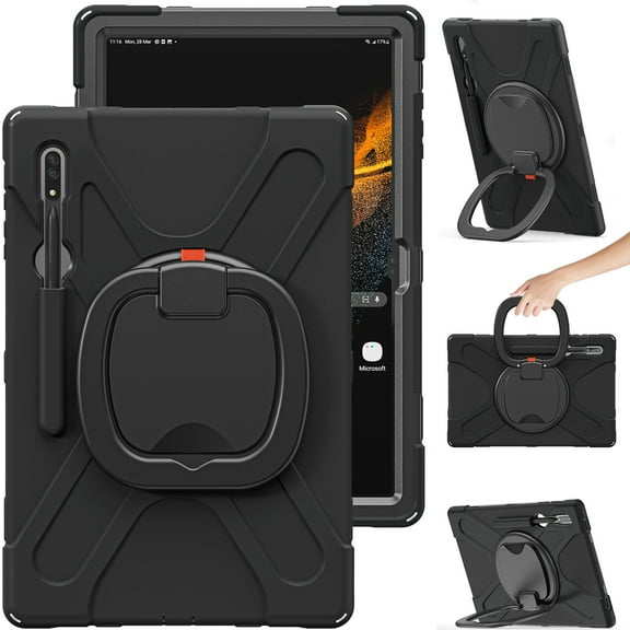 Dteck Samsung Galaxy Tab S8 Ultra Case 14.6 inch 2022 with Ring Stand, Heavy Duty 360 Rotating Multi-Functional Grip Stand Rugged Shockproof Fully-Body Rugged Cover, Black