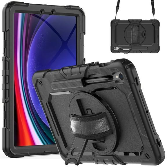 Dteck for Samsung Galaxy Tab S9 Case 11 Inch 2023 (SM-X710/X716B/X718U), Heavy Duty Shockproof Screen Protector Hard Rugged Cover with Kickstand, Crossbody Shoulder Strap, S Pen Holder,Black