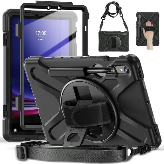 Dteck for Samsung Galaxy Tab S9 Case 2023, Heavy Duty Military Grade Drop-Proof Case for 11 Inch Galaxy Tab S9 FE/S9/S8/S7 with Rotating Stand Handle/Shoulder Strap Pencil Holder,Black