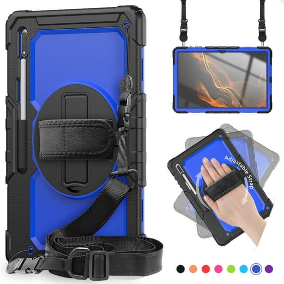 Dteck for Samsung Galaxy Tab S9 Plus 12.4 Inch 2023 Tablet,Full Body Shockproof Heavy Duty Protective Case with Screen Protector,Rotating Stand/Handle/Shoulder Strap,Black + Blue