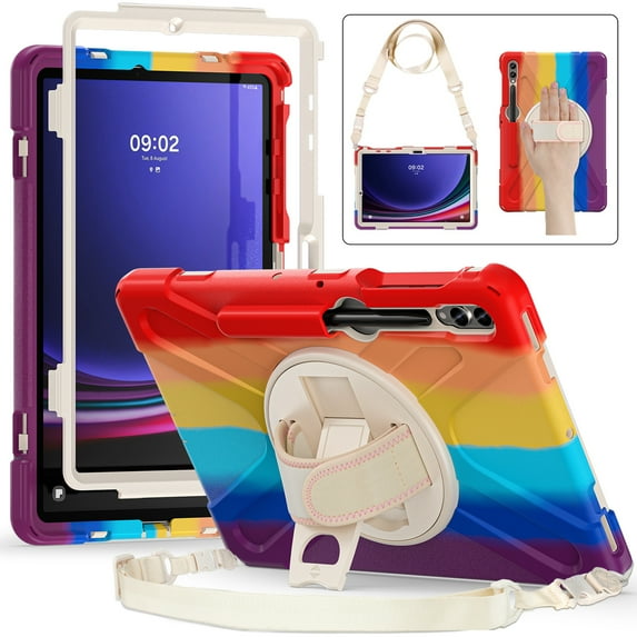 Dteck for Samsung Galaxy Tab S9 Plus Case,Galaxy Tab S9 FE+/S8 Plus/S7 Plus/S7 FE 12.4" Case,Military Grade Drop-Proof Rugged Case Pencil Holder Rotating Hand Strap Stand Shoulder Strap,Rainbow Red