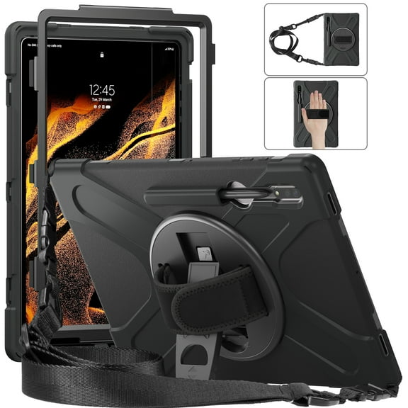 Dteck for Samsung Galaxy Tab S9 Ultra Case, S8 Ultra 14.6 Inch Tablet Case with S Pen Holder Rugged Case with Rotating Kickstand Hand Strap Shoulder Strap,Black