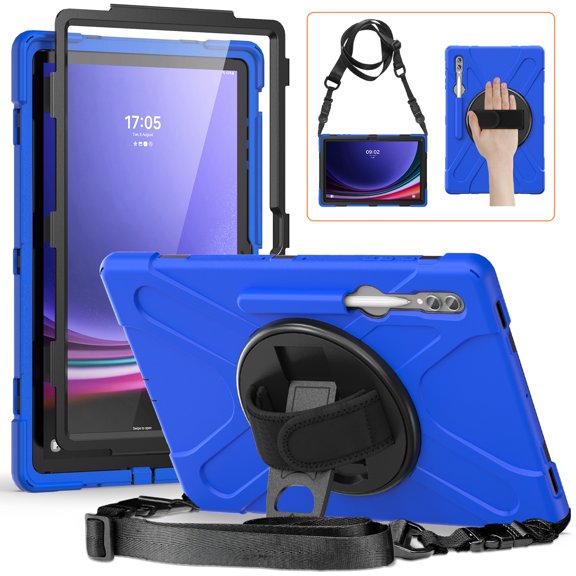 Dteck for Samsung Galaxy Tab S10 Ultra Case 2024 with Pencil Holder Crossbody Strap 360 Rotating Hand Strap & Stand, Rugged Case for Galaxy Tab S10 Ultra / Tab S9 Ultra/ S8 Ultra 14.6",Blue