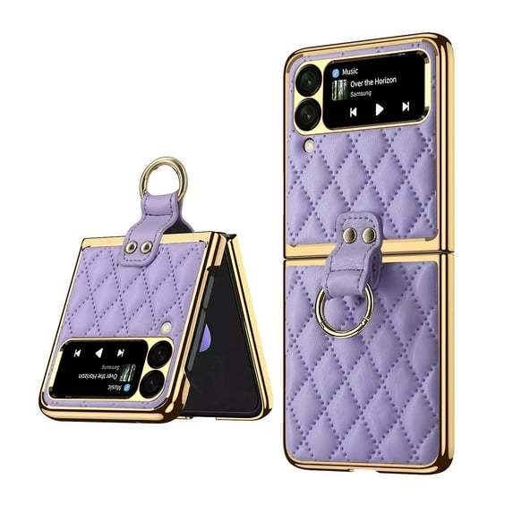 Dteck for Samsung Galaxy Z Flip 3 5G 2021 Case Cover with Finger Ring Holder, PU Leather Drop Protection Ultra Slim Lightweight Electroplated Hard Plastic Fashion Case for Galaxy Z Flip3 5G, Purple