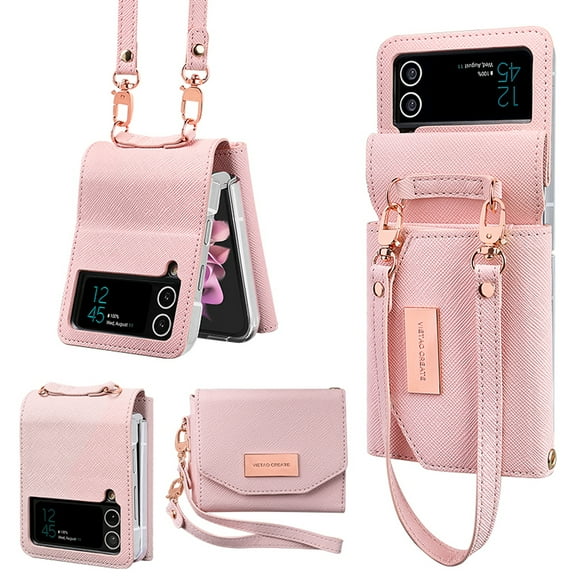 Dteck for Samsung Galaxy Z Flip 3 5G Wallet Case with Built-in Leather Cash Slot and Credit Card Holder Detachable Wristlet Strap and Hinge Protection Carrying Handbag Phone Case for Women Ladies,Pink