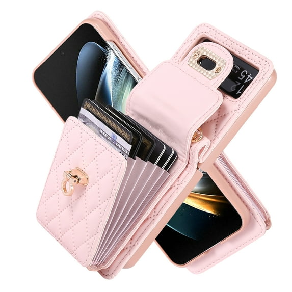 Dteck for Samsung Galaxy Z Flip 3 Accordion Crossbody Wallet Case, Z Flip3 5G Case with 6 Card Slots, Stylish Soft PU Leather Shockproof Phone Case with Adjustable Strap for Galaxy Z Flip3,Pink