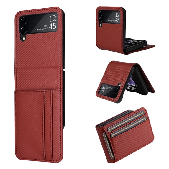Dteck for Samsung Galaxy Z Flip 3 Case with Card Holder, Premium PU Leather + Hard PC Shockproof Impact-Resistant Slim Flip Protective Phone Cover Case for Samsung Galaxy Z Flip 3 5G 6.7" 2021, Red
