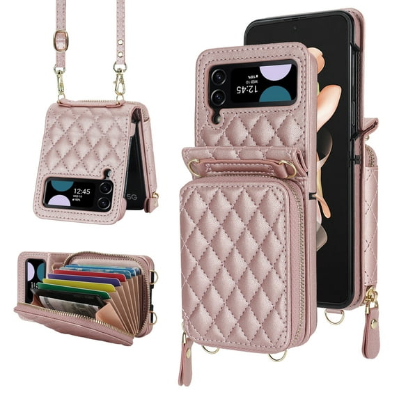 Dteck for Samsung Galaxy Z Flip 3 Case with Card Holder RFID Blocking,Crossbody Wallet Case for Z Flip3 with Adjustable Strap, Zipper Purse Leather Handbag Case Compatible with Galaxy Z Flip3,Rosegold