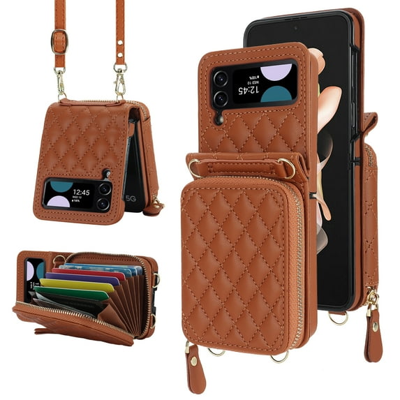 Dteck for Samsung Galaxy Z Flip 3 Case with Card Holder RFID Blocking, Crossbody Wallet Case for Z Flip3 with Adjustable Strap, Zipper Purse Leather Handbag Case Compatible with Galaxy Z Flip3,Brown