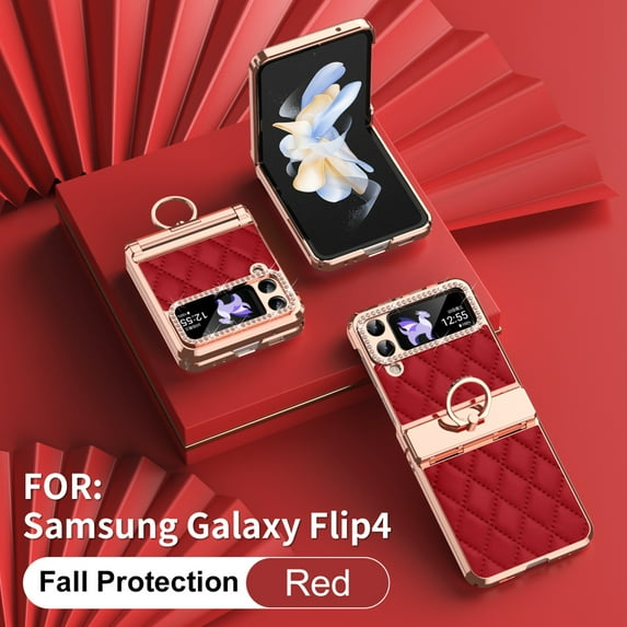 Dteck for Samsung Galaxy Z Flip 3 with Ring Holder,Luxury Leather Phone Cases with Bling Diamond Stand Flip Plating Hinge Protecttion Shockproof Protector for Galaxy Z Flip 3 5G 2021 Women Girls,Red