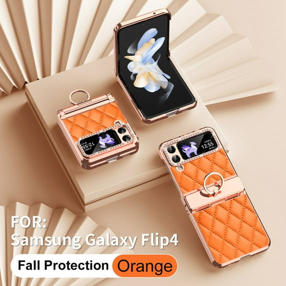 Dteck for Samsung Galaxy Z Flip 3 with Ring Holder,Luxury Leather Phone Cases with Bling Diamond Stand Flip Plating Hinge Protecttion Shockproof Protector for Galaxy Z Flip 3 5G Women Girls,Orange