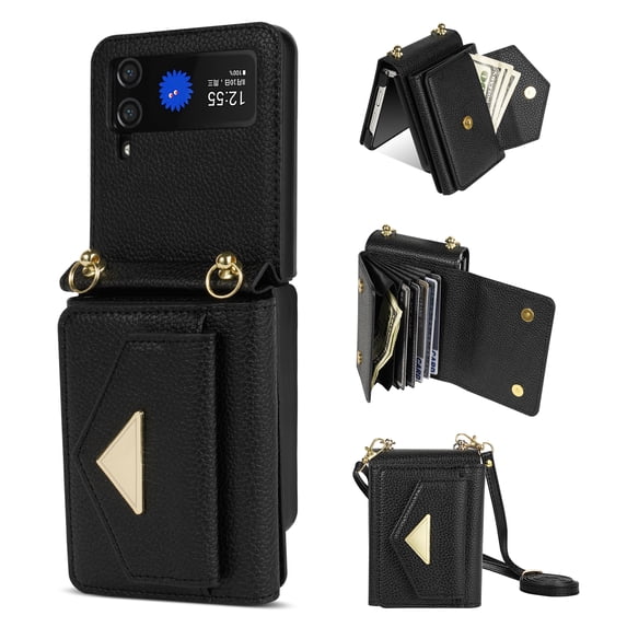 Dteck for Samsung Galaxy Z Flip 3 Wallet Case with Card Holder, Crossbody Wallet Leather Handbag with Detachable Lanyard Magnetic Flip Case for Galaxy Z Flip3 5G,Black