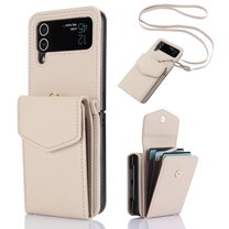 Dteck for Samsung Galaxy Z Flip 3 Wallet Case,Leather Case with 3 Accordion Card Slots and RFID Blocking Adjustable Crossbody Strap for Unisex,Apricot