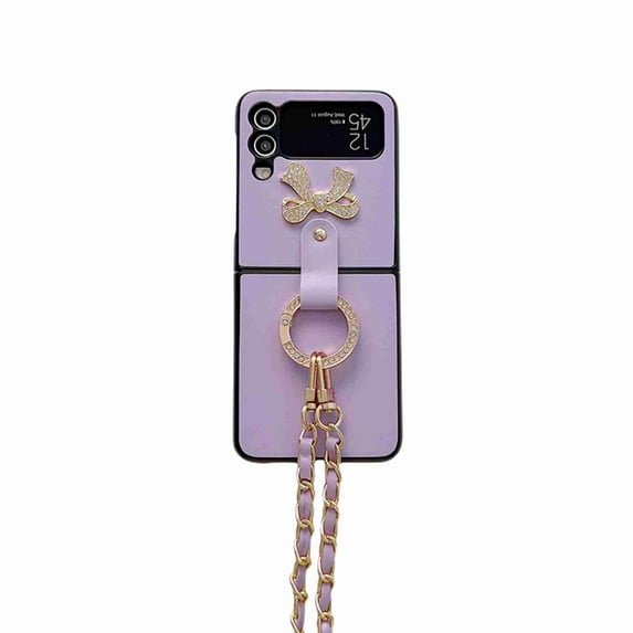 Dteck for Samsung Galaxy Z Flip 4 5G Case with Crossbody Chain Strap Cute 3D Handmade Sparkle Crystal Diamond Bling Glitter Ring Stand PU Leather Hard PC Phone Case for Women Girls,Purple