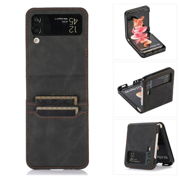 Dteck for Samsung Galaxy Z Flip 4 6.7" 2022 Folding Case, Lightweight Premium PU Leather Anti-Drop Case with Card Slot Shockproof Protective Case for Samsung Z Flip 4 Ladies Women Men, Black