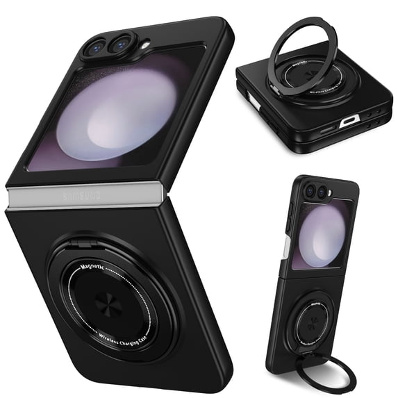 Dteck for Samsung Galaxy Z Flip 4 Case with 360° Rotatable Magnetic Ring Stand, Compatible with Mag-safe, Slim Thin Matte PC Shockproof Protective Phone Case for Women Men,Black