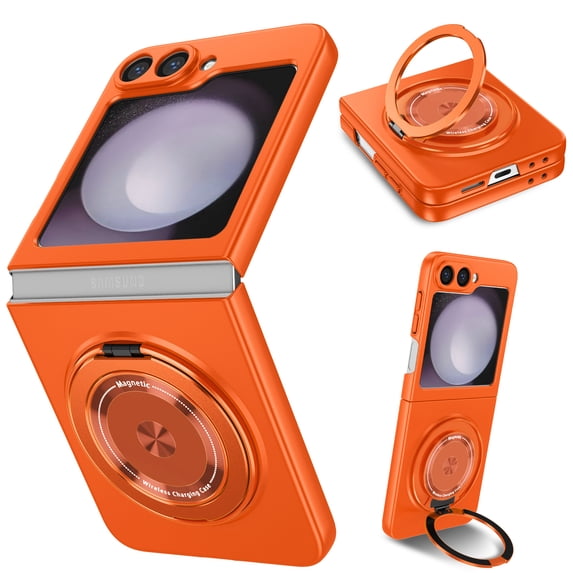 Dteck for Samsung Galaxy Z Flip 4 Case with 360° Rotatable Magnetic Ring Stand, Compatible with Mag-safe, Slim Thin Matte PC Shockproof Protective Phone Case for Women Men,Orange